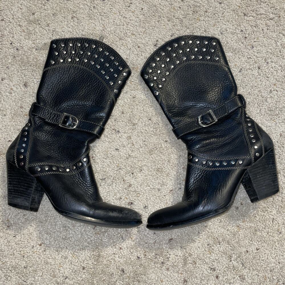 Harley Davidson Western Studded Cowboy Boots Women 7.5 Black Logo Zipper Leather